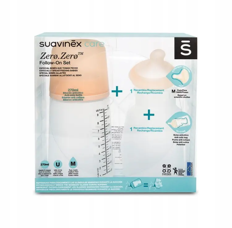 Suavinex Zestaw Startowy ZERO ZERO Butelka Antykolkowa 270ml O Średnim Przepływie 3m+ 7416