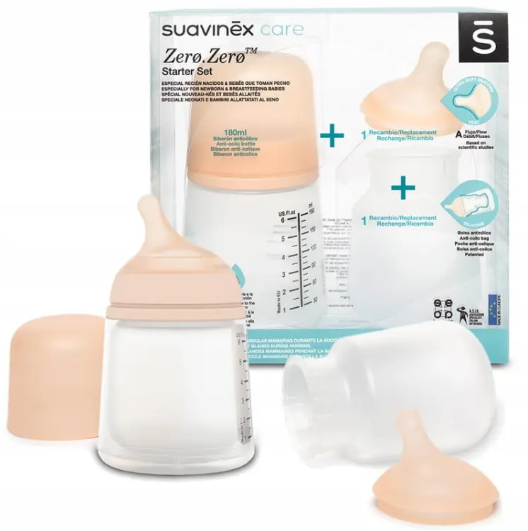 Suavinex Zestaw Startowy ZERO ZERO Butelka Antykolkowa 180ml O Regulowanym Przepływie 0m+ 7409