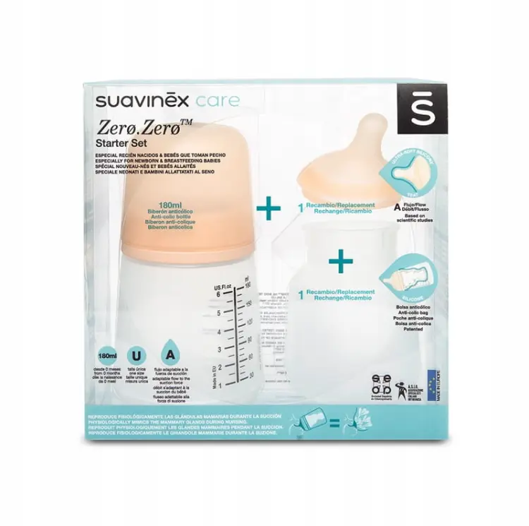Suavinex Zestaw Startowy ZERO ZERO Butelka Antykolkowa 180ml O Regulowanym Przepływie 0m+ 7409