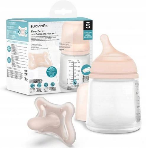 Suavinex Zestaw Startowy ZERO ZERO Butelka Antykolkowa 180ml O Regulowanym Przepływie + Smoczek -2-2m 9235