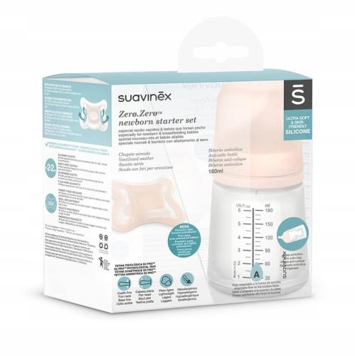 Suavinex Zestaw Startowy ZERO ZERO Butelka Antykolkowa 180ml O Regulowanym Przepływie + Smoczek -2-2m 9235
