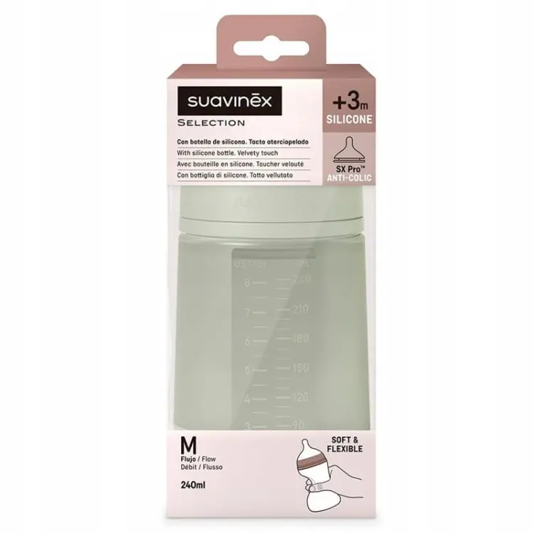 Suavinex Butelka Silikonowa SX PRO Średni Przepływ 3m+ 240ml COLOUR ESSENCE Zielona 1184
