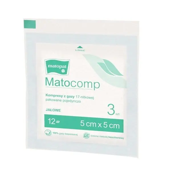 Matocomp Kompresy Gaziki Jałowe Do Przemywania Pępuszka i Oczu, 17-nitkowe, 12-warstwowe, 5 x 5 cm 3 szt.