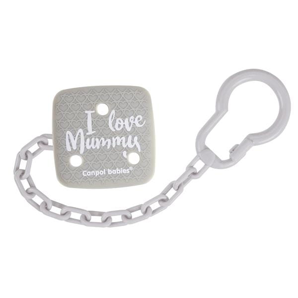 CANPOL Łańcuszek Klips Zawieszka Do Smoczka 2/434 I Love Mummy Szary