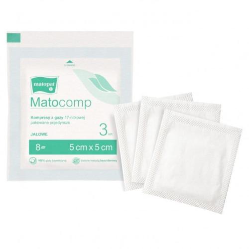 Matocomp Kompresy Gaziki Jałowe Do Przemywania Pępuszka i Oczu, 17-nitkowe, 12-warstwowe, 5 x 5 cm 3 szt.