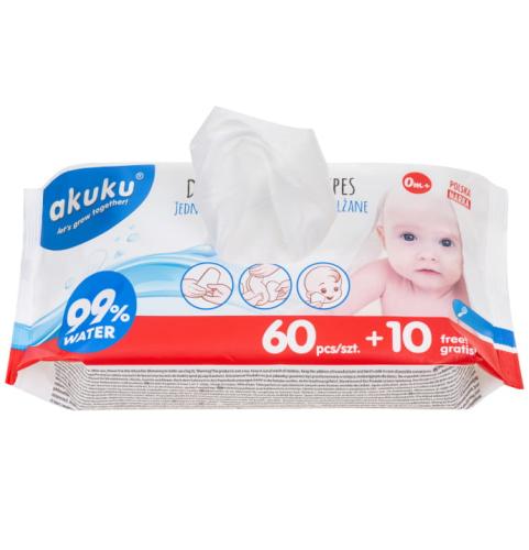 Akuku Jednorazowe Chusteczki Nawilżane Wodą 70szt 0031